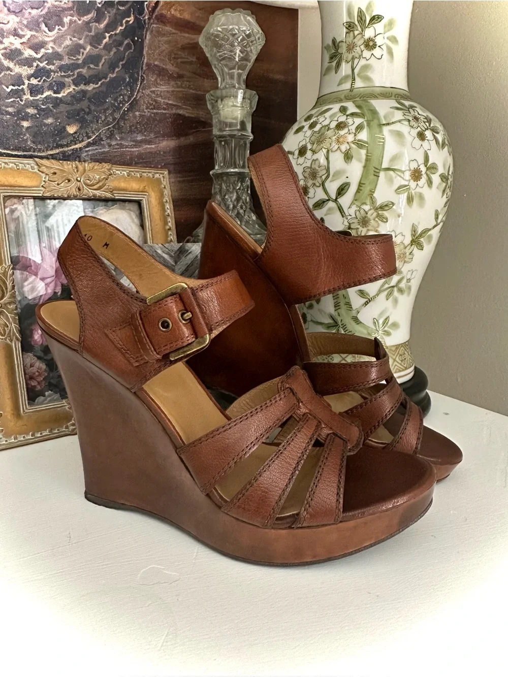 Stuart Weitzman Brown Leather Strappy Platform Wedge Sandals Sz 10 - Picture 1 of 9